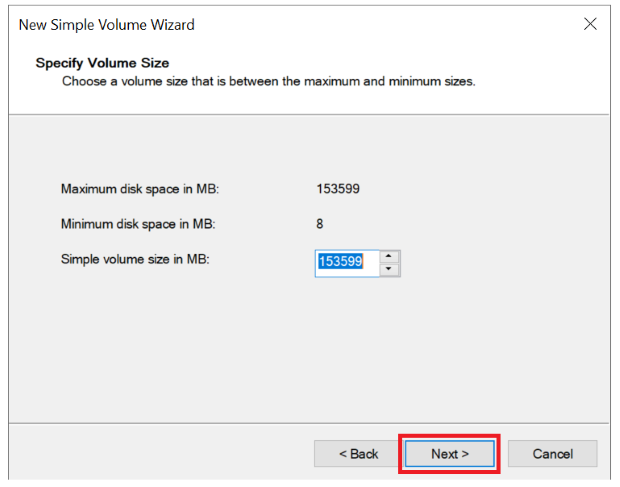 specify the simple volume size
