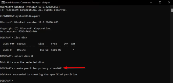 type in create partition primary size