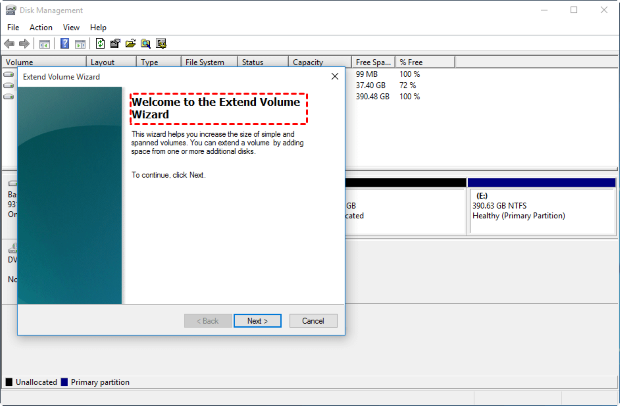 welcome to the extend volume wizard