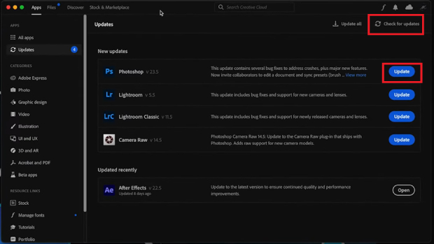atualizar o photoshop para corrigir o problema de o photoshop não abrir arquivos CR2-2