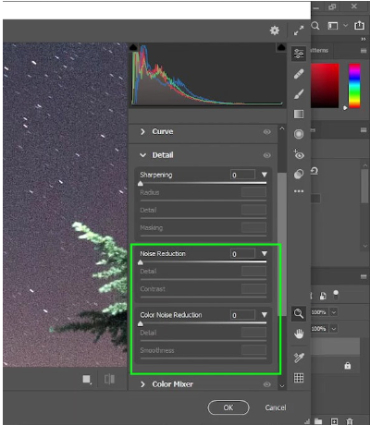 reduce noise generated by high iso or long exposure photoshop