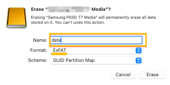 Laufwerksnamen und Format auf dem Mac eingeben