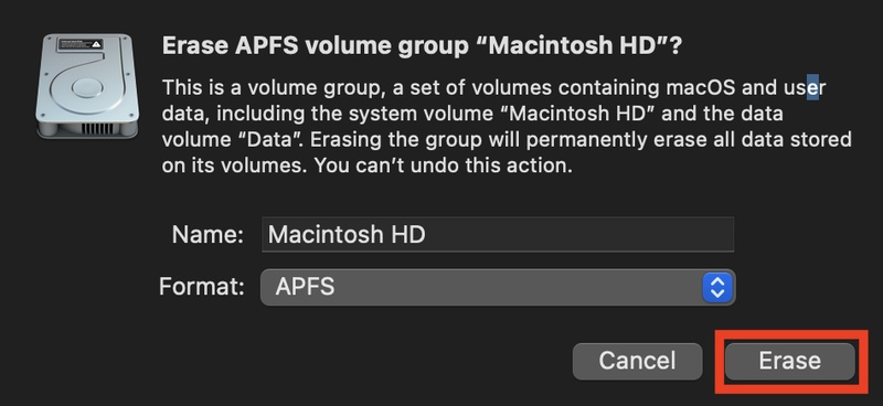 macOS Tahoe 설치를 위해 지우기 클릭하기