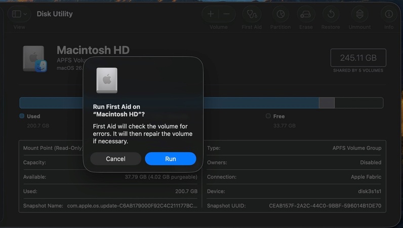 run first aid in disk utility on mac