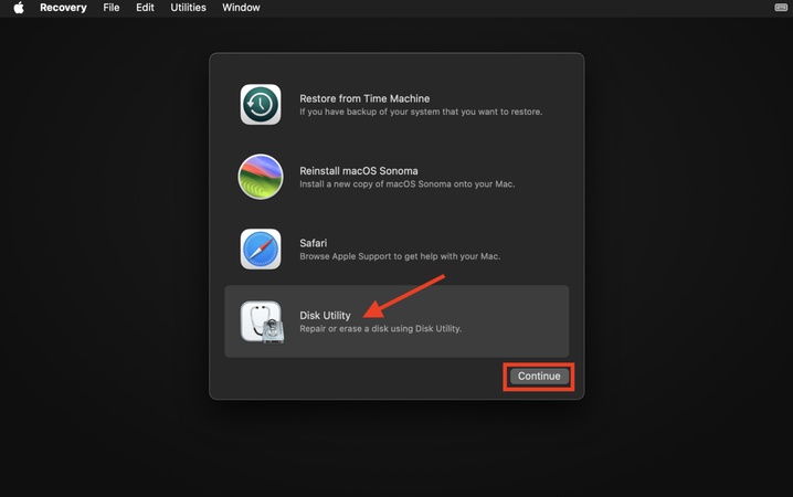 디스크 유틸리티에서 계속을 클릭하기