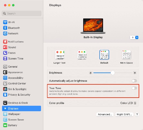 turn off true tone on macos tahoe