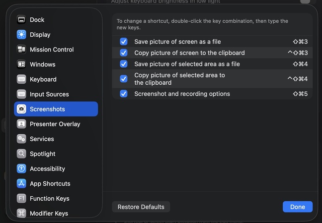 enable all options on screenshots mac