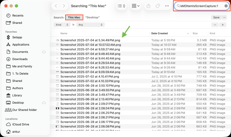 use metadata query to find screenshots on finder