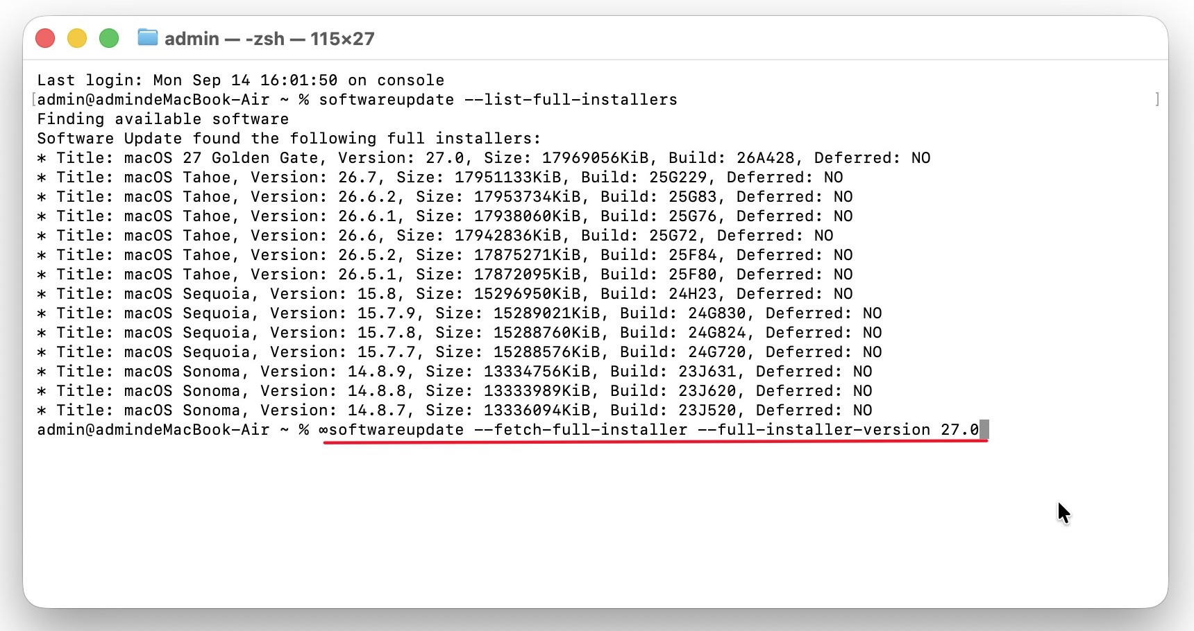 macOS 27 Golden Gate Full Installer mit softwareupdate im Terminal herunterladen