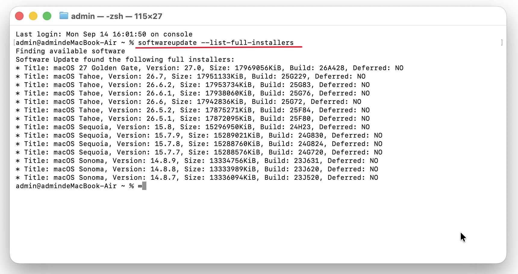 Verfügbare vollständige macOS-Installer mit softwareupdate im Terminal anzeigen