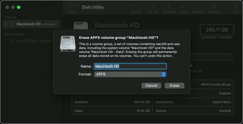 erase apfs volume group