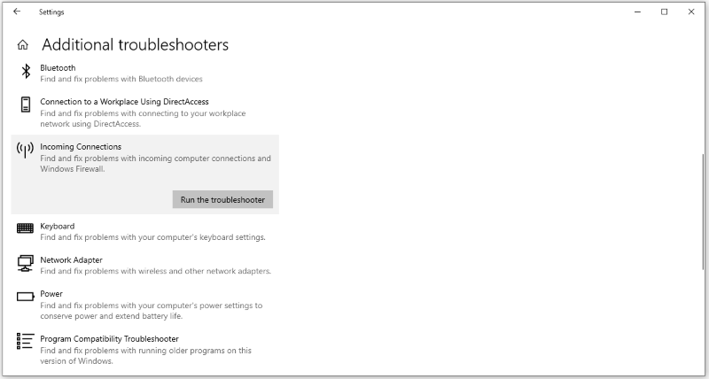 run the troubleshooter incoming connections