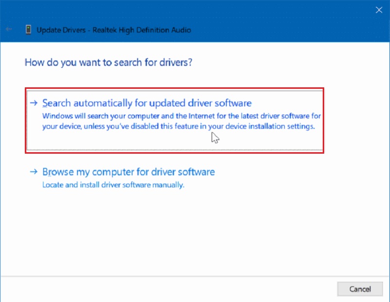search automatically for driver software