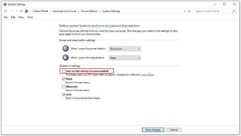 uncheck turn on fast startup