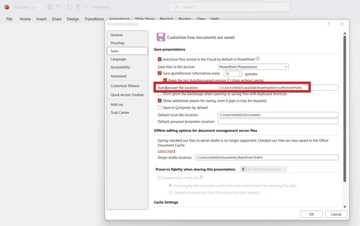 autorecover file location