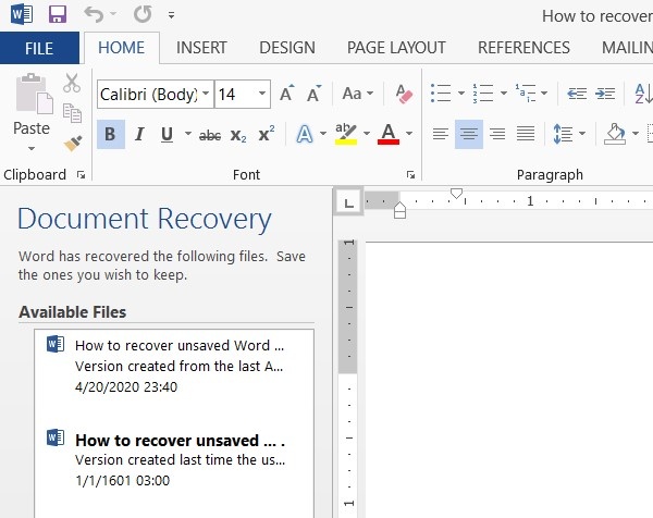 autorecover word via document recovery