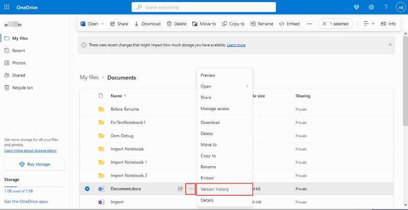 check onedrive version history