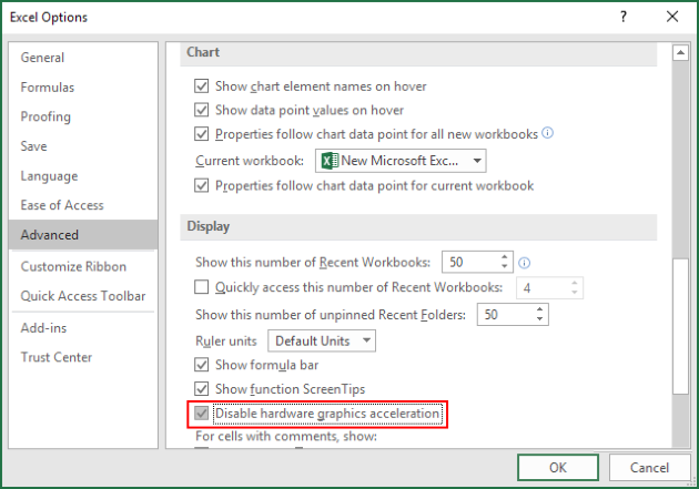 disable excel hardware graphics acceleration