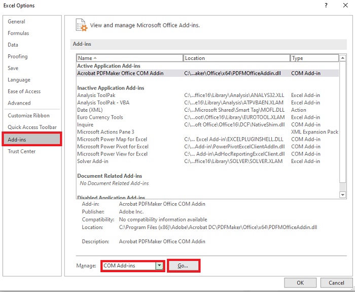 disable or remove add-ins in excel to fix compile error in hidden module-1
