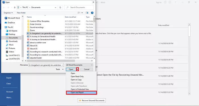 open and repair feature