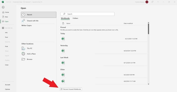 recover unsaved workbooks