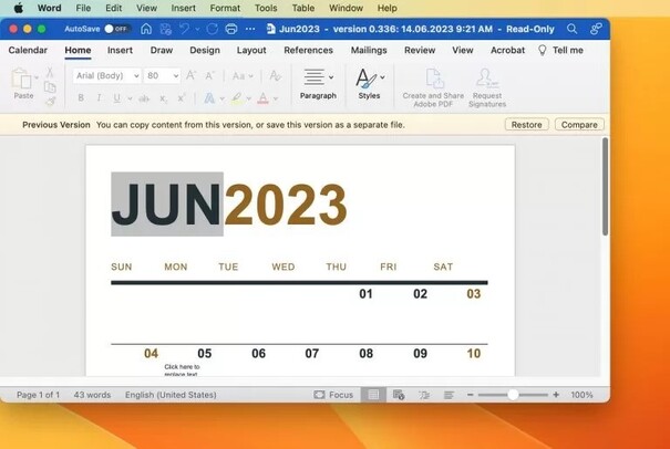 restore the selected version history of the document