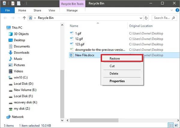 select the Restore option
