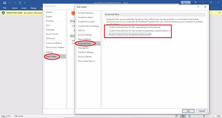 uncheck protected view