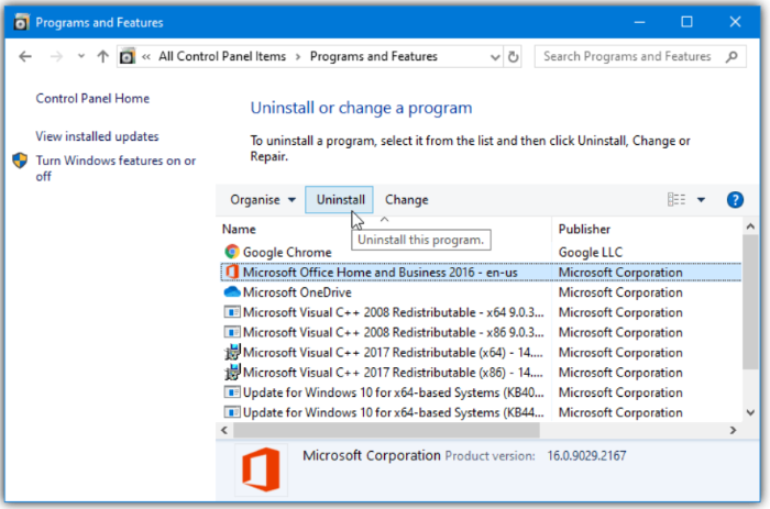 uninstall office from control panel