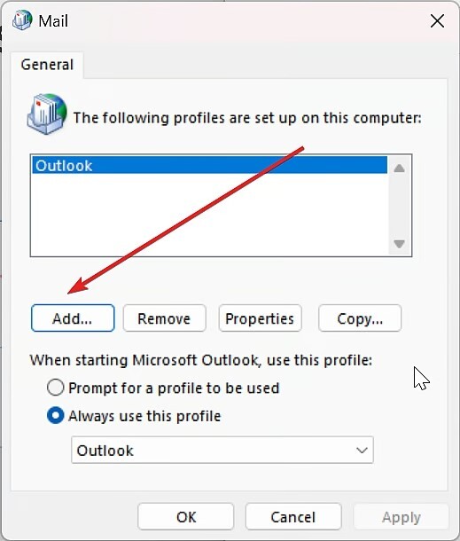 create a new outlook profile
