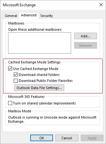 disable cached exchanged mode in outlook