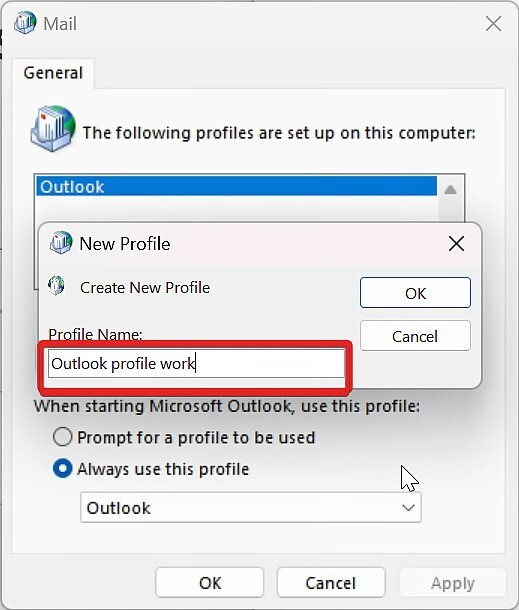 enter outlook new profile name