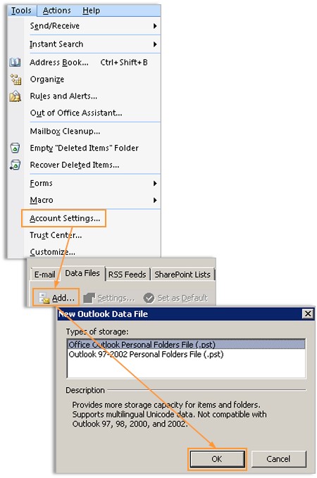 فتح ملف PST في Outlook 2007