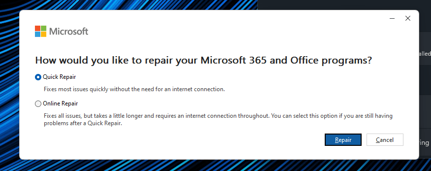quick repair microsoft office