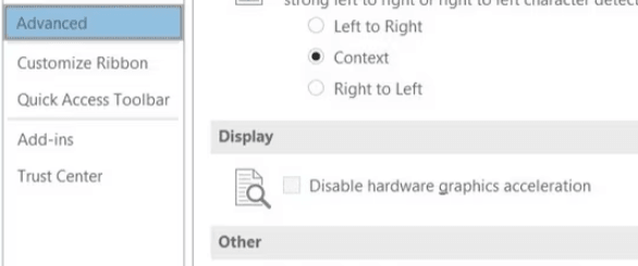 disable hardware graphics acceleration in microsoft outlook