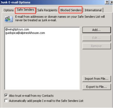 Outlook sichere Absender und blockierte Absender