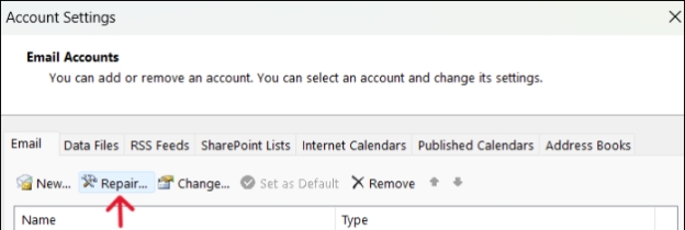 repair outlook email account