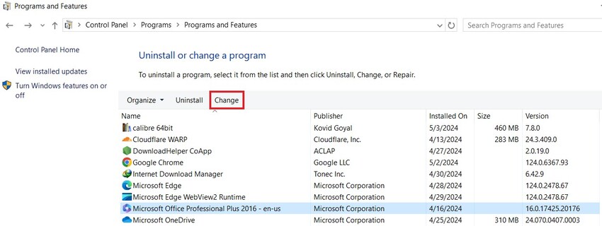 repair outlook from the control panel