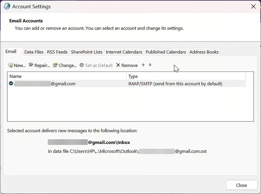 establecer como configuración predeterminada de la cuenta de Outlook