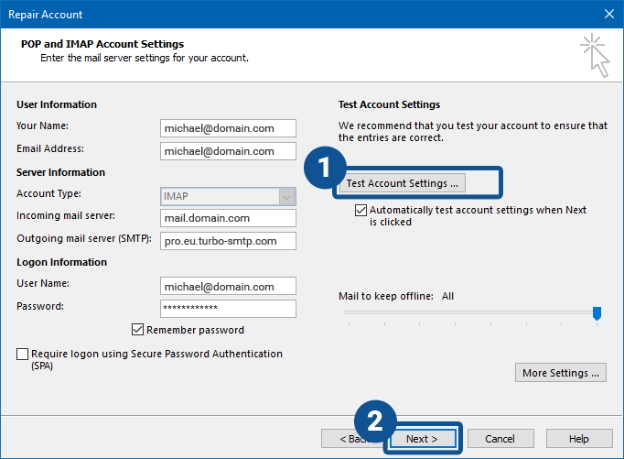 Text account settings outlook