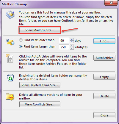 ver el tamaño del buzón de Outlook