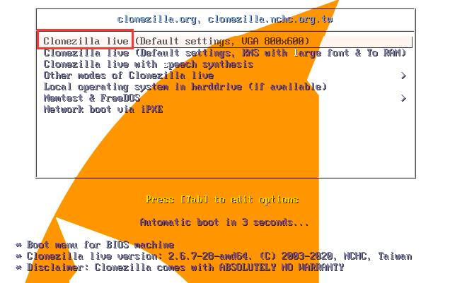 Interface de Clonezilla Live