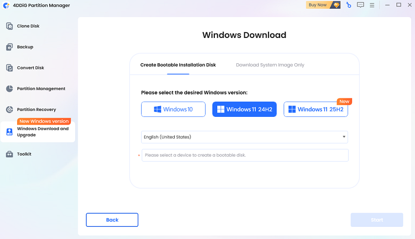 select the connected external hard diak and click start
