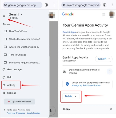 delete all gemini apps activity
