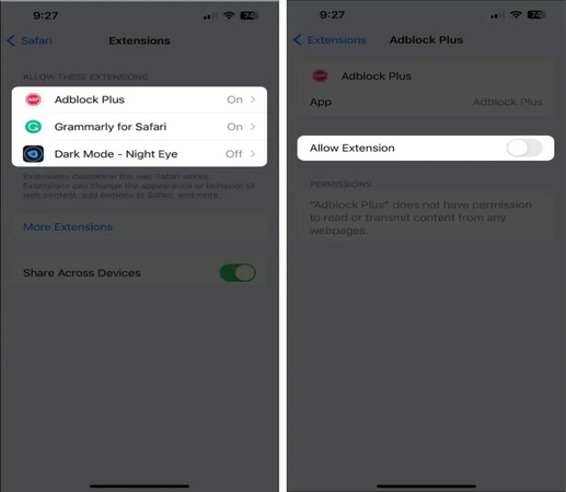 disable ios safari extensions