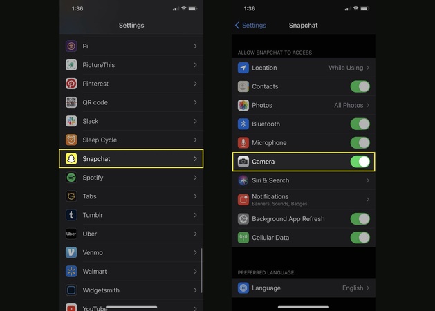 Kamera-Berechtigung für Snapchat aktivieren