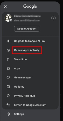 gemini apps activity option