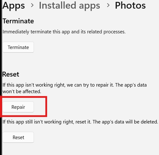 repair or reset windows photos