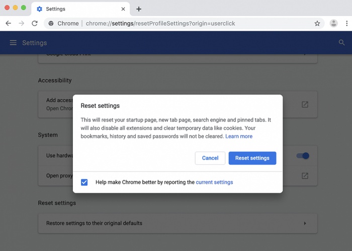 reset chrome settings to fi gmail failed to upload image