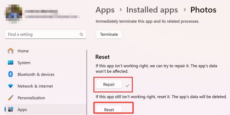 reset or repair microsoft photos app to fix widnows photos not opening